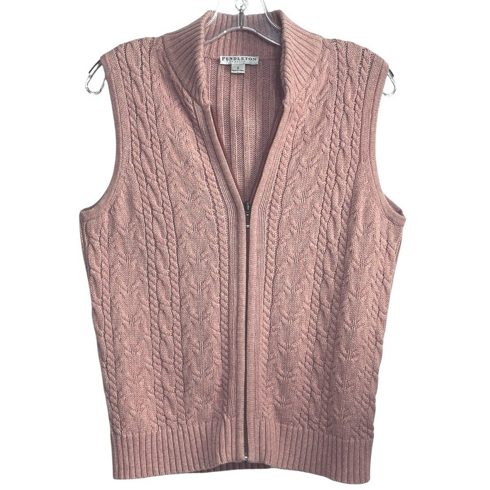 Pendleton Sweater Vest Women Pink Cable Knit Full Zip Mock Neck Fall Layering PS